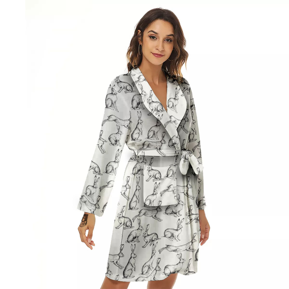 Rabbit White And Black Print Pattern Women's Robe-grizzshop