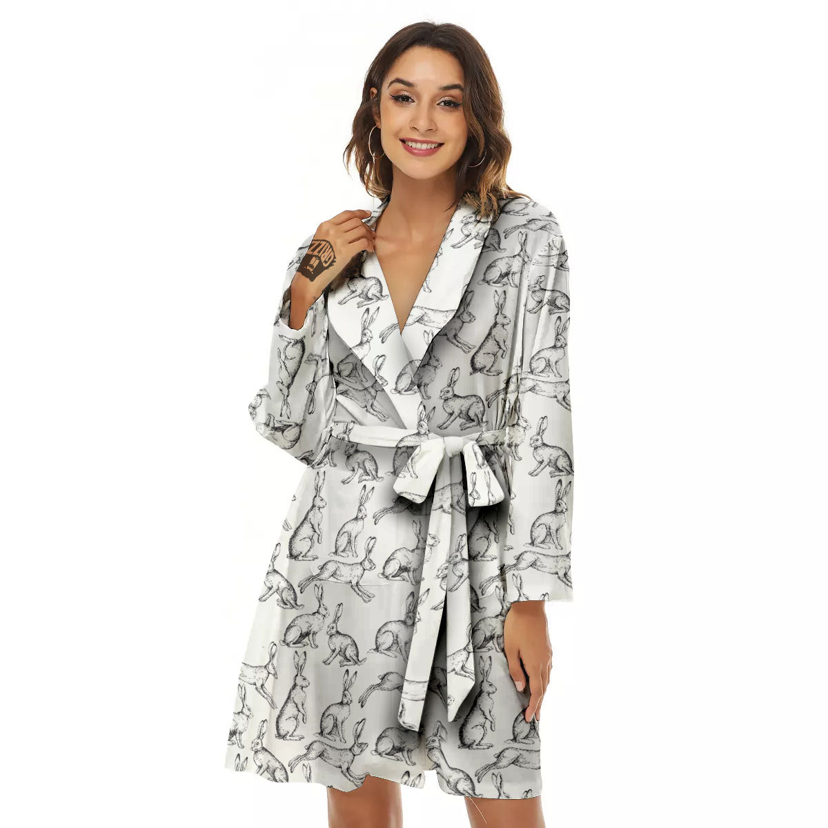 Rabbit White And Black Print Pattern Women's Robe-grizzshop