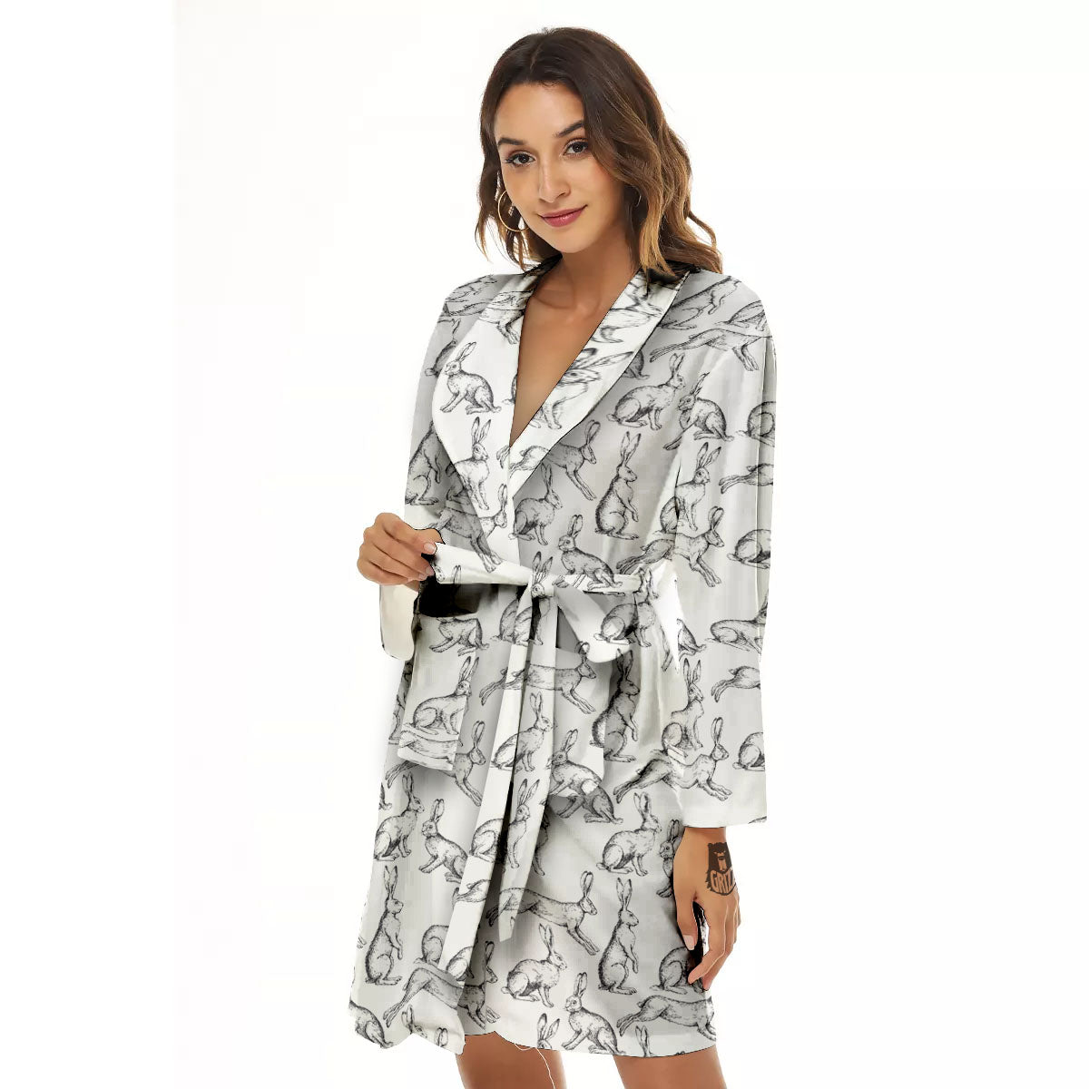 Rabbit White And Black Print Pattern Women's Robe-grizzshop