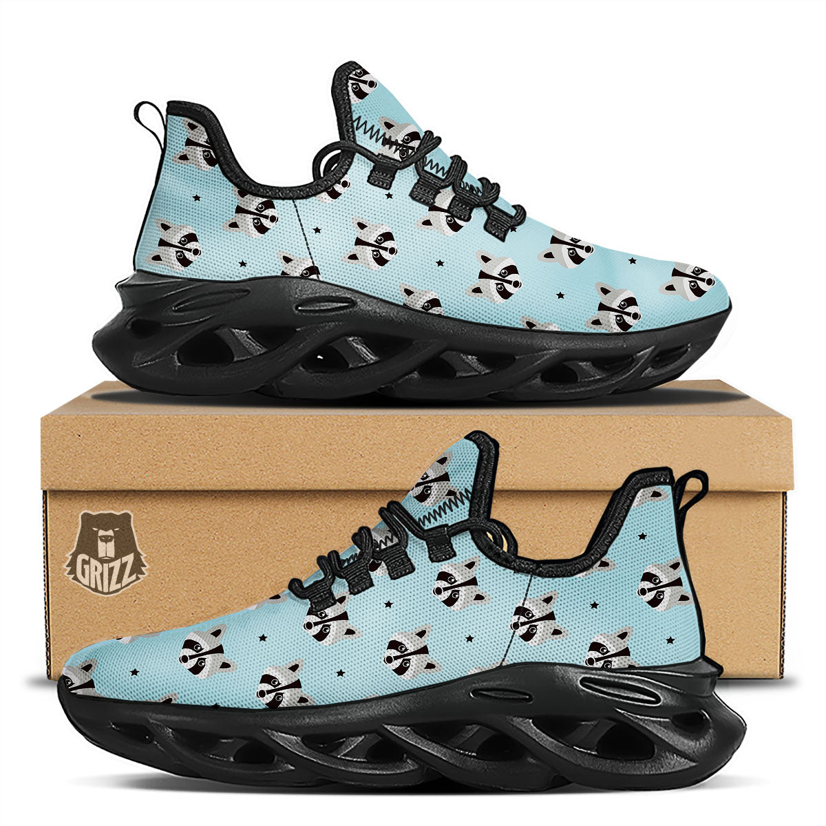 Raccoon Cartoon Print Pattern Black Running Shoes-grizzshop