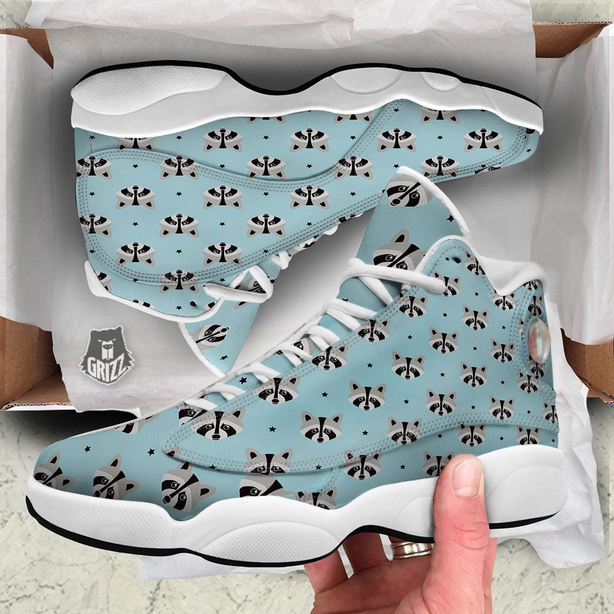 Raccoon Cartoon Print Pattern White Basketball Shoes-grizzshop