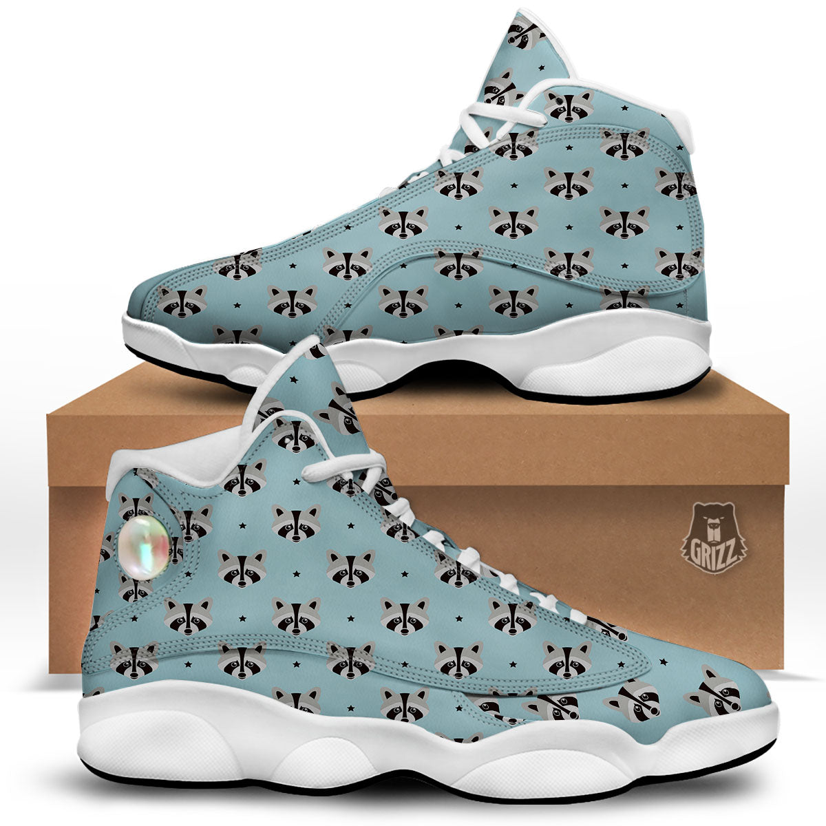 Raccoon Cartoon Print Pattern White Basketball Shoes-grizzshop