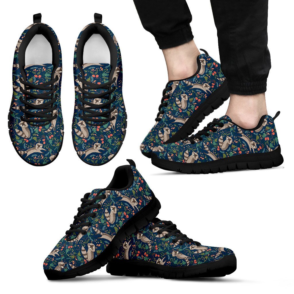 Raccoon Floral Pattern Print Black Sneaker Shoes For Men Women-grizzshop