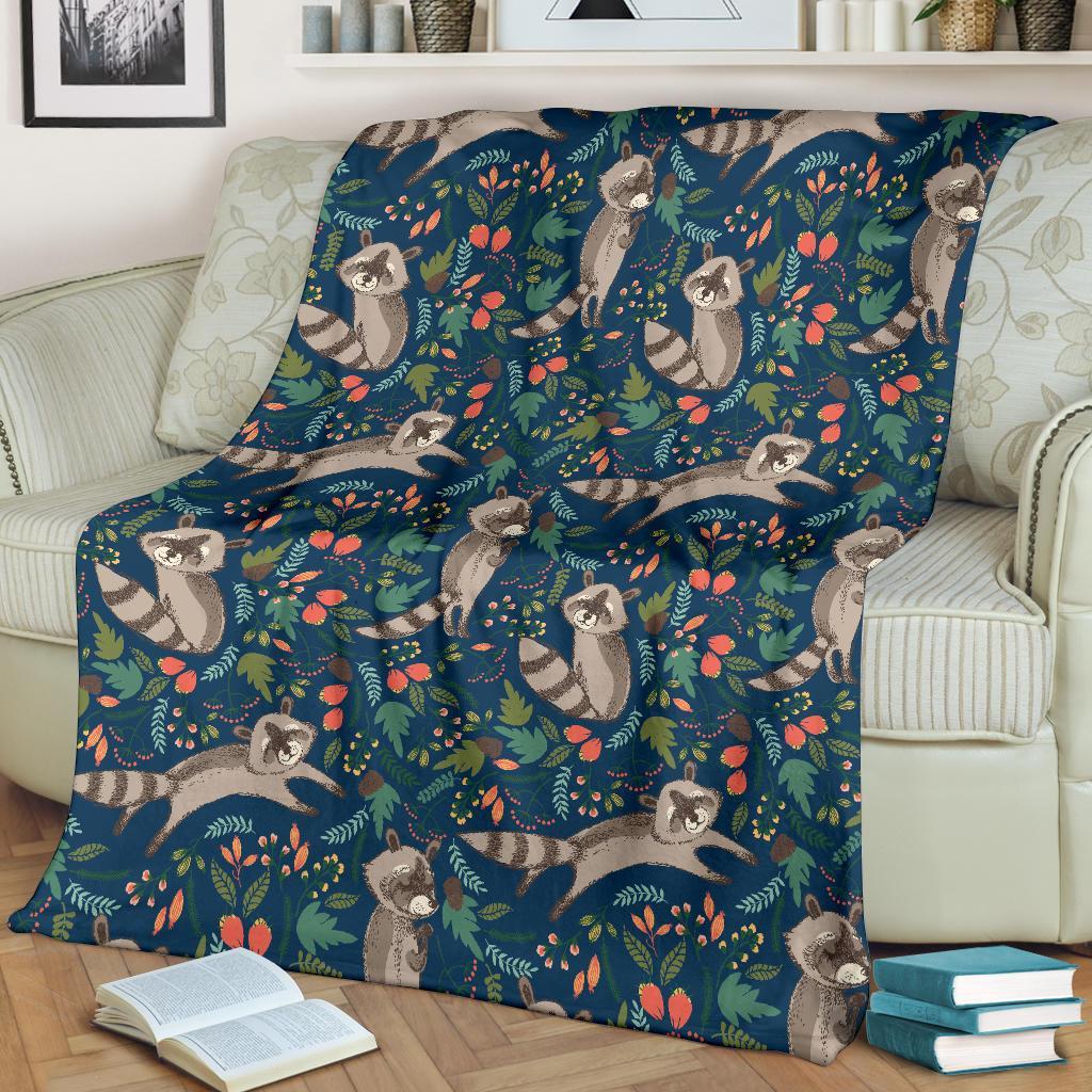 Raccoon Floral Pattern Print Blanket-grizzshop