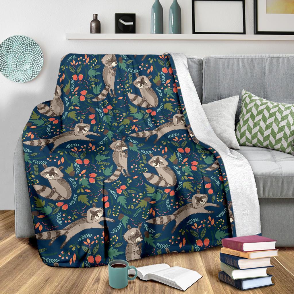 Raccoon Floral Pattern Print Blanket-grizzshop