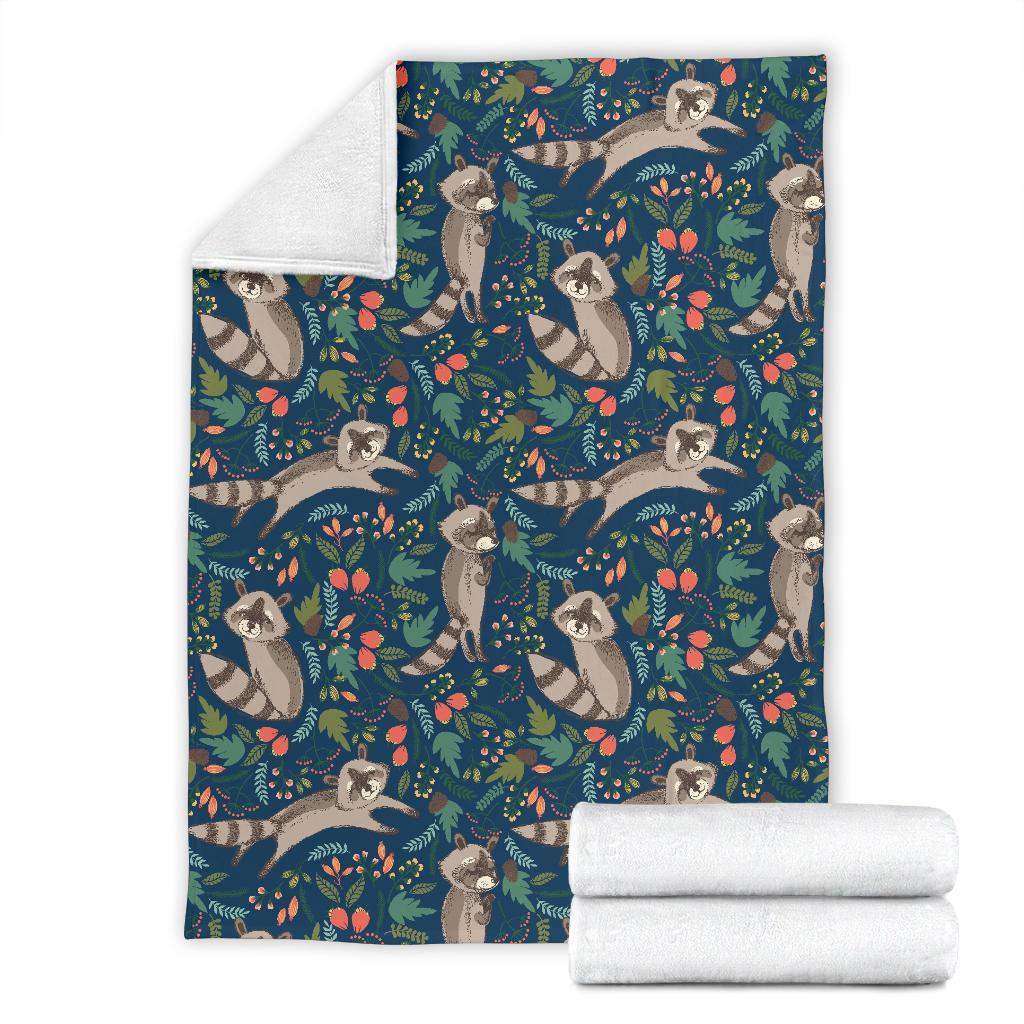 Raccoon Floral Pattern Print Blanket-grizzshop