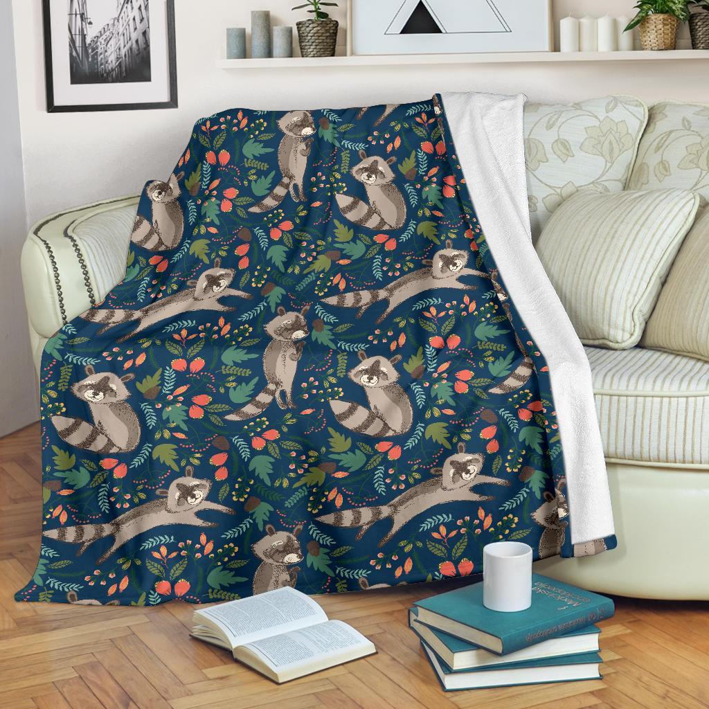 Raccoon Floral Pattern Print Blanket-grizzshop