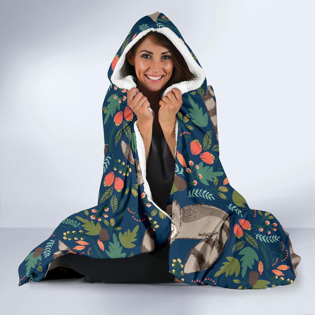 Raccoon Floral Pattern Print Hooded Blanket-grizzshop