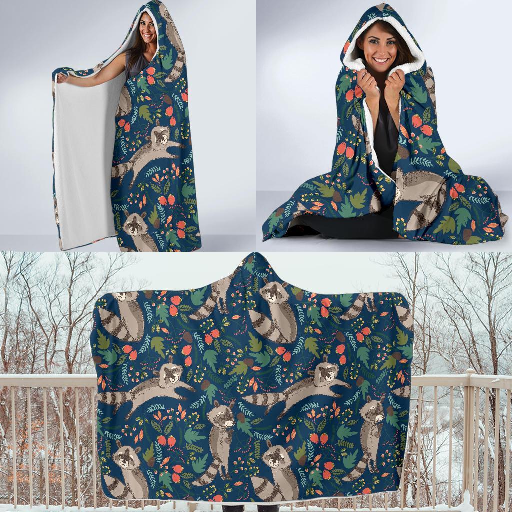 Raccoon Floral Pattern Print Hooded Blanket-grizzshop