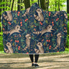 Raccoon Floral Pattern Print Hooded Blanket-grizzshop