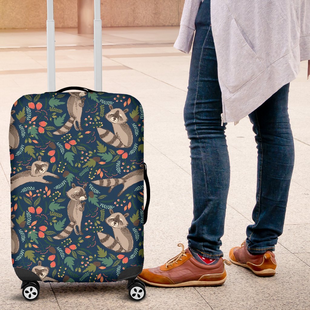 Raccoon Floral Pattern Print Luggage Cover Protector-grizzshop