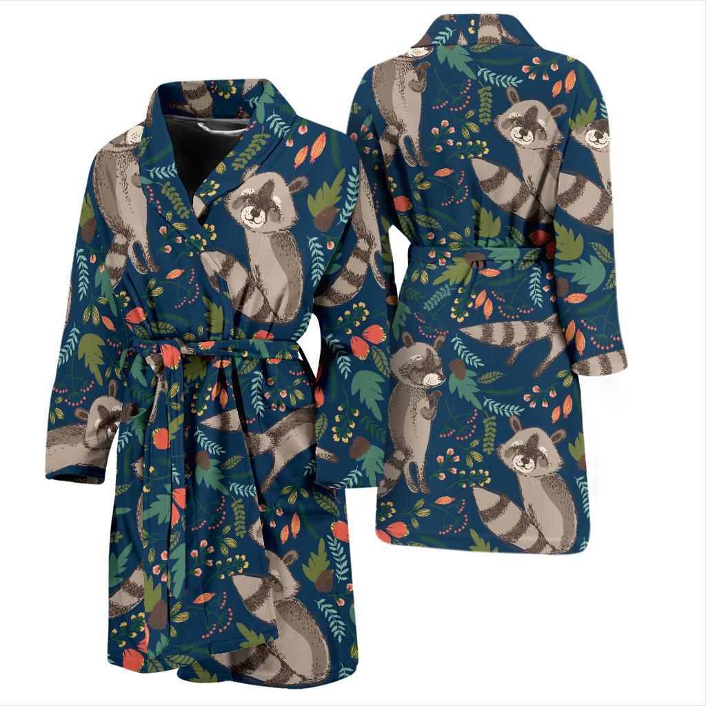 Raccoon Floral Pattern Print Men Long Robe-grizzshop