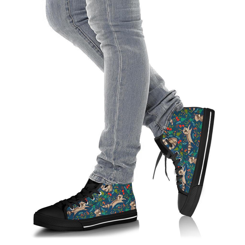 Raccoon Floral Pattern Print Men Women's High Top Shoes-grizzshop