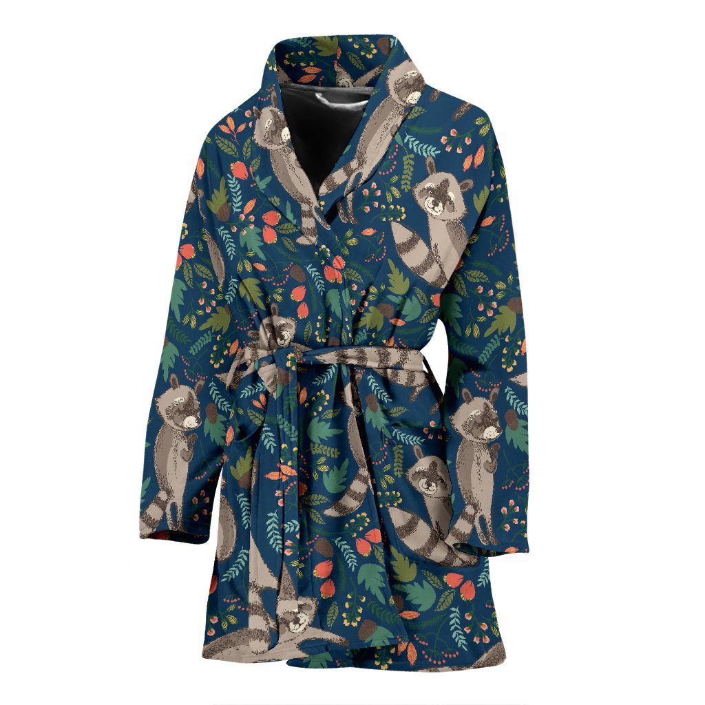 Raccoon Floral Pattern Print Women Long Robe-grizzshop