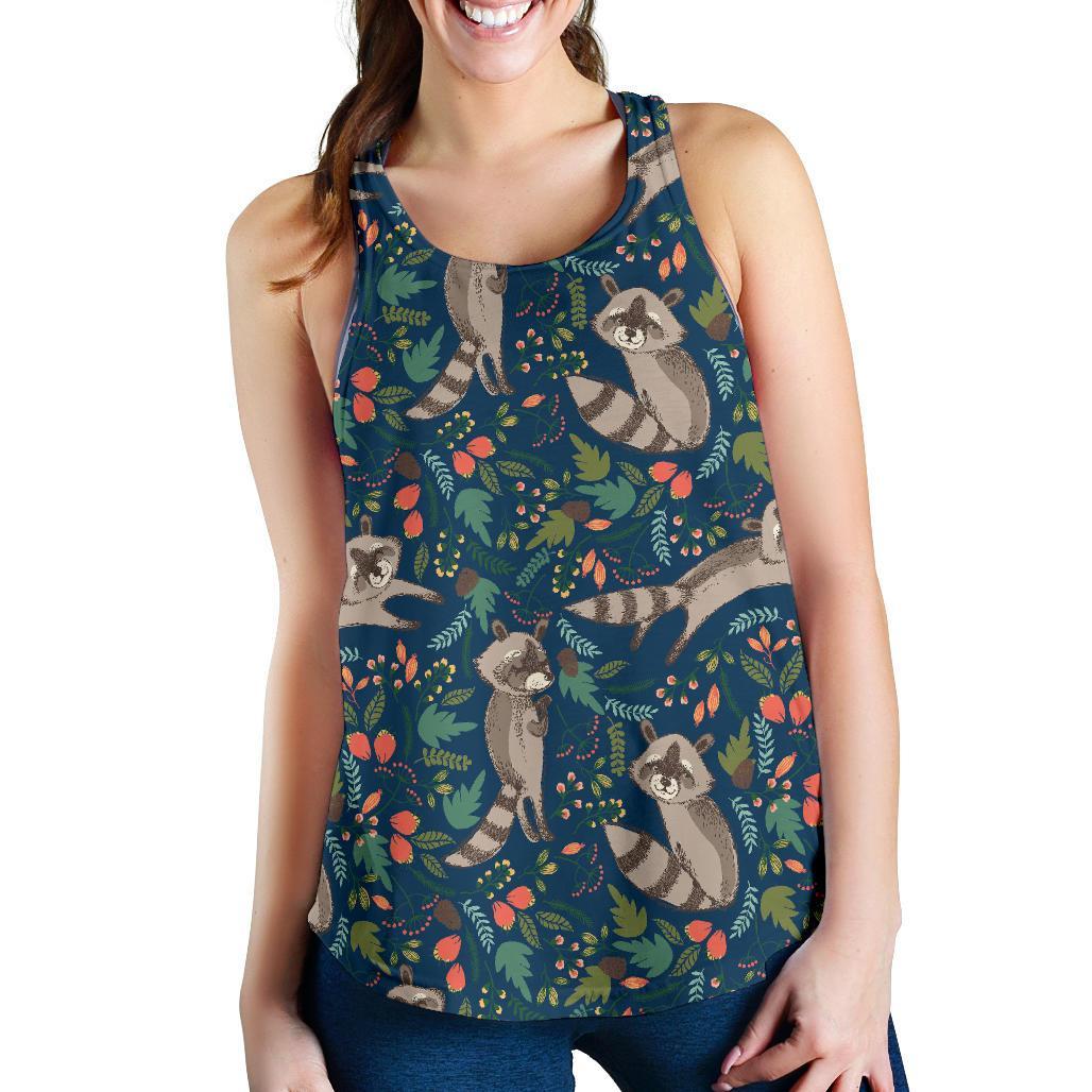 Raccoon Floral Pattern Print Women's Racerback Tank Tops-grizzshop