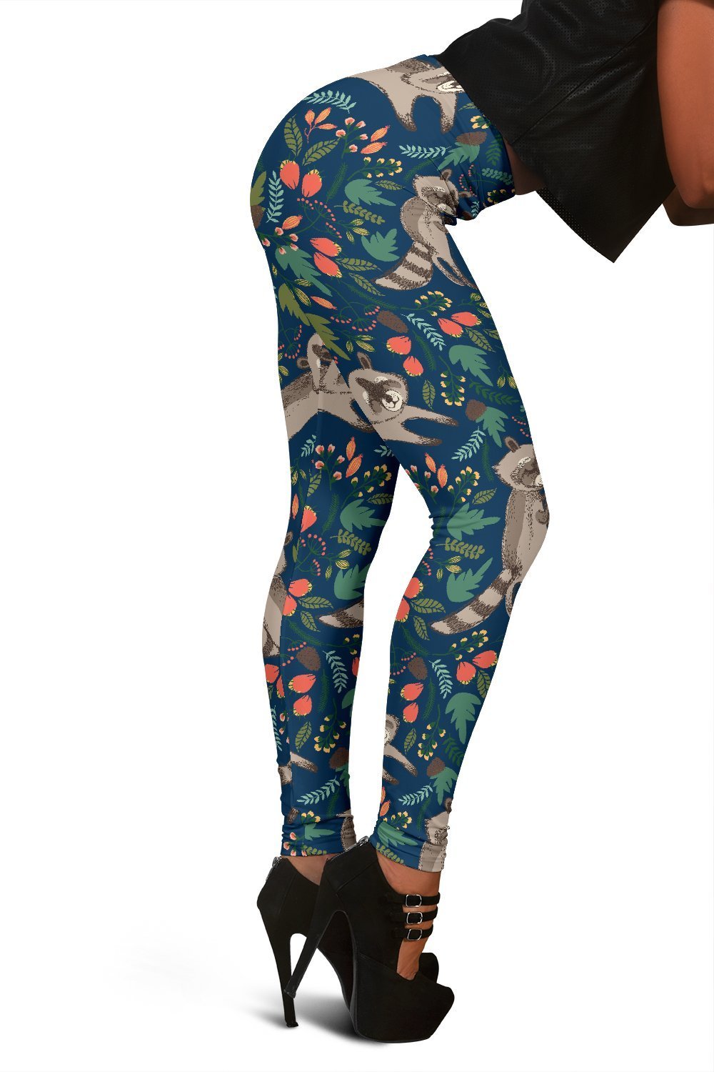 Raccoon Floral Print Pattern Women Leggings-grizzshop