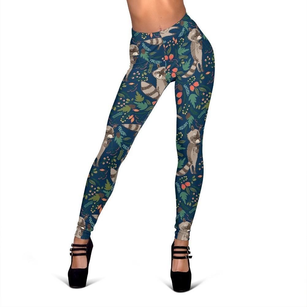 Raccoon Floral Print Pattern Women Leggings-grizzshop