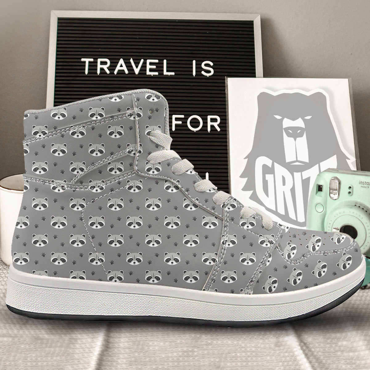 Raccoon Grey Print Pattern High Top Sneakers-grizzshop