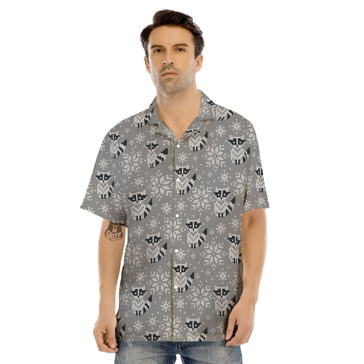 Raccoon Knitted Print Pattern Men's Hawaiian Shirt-grizzshop