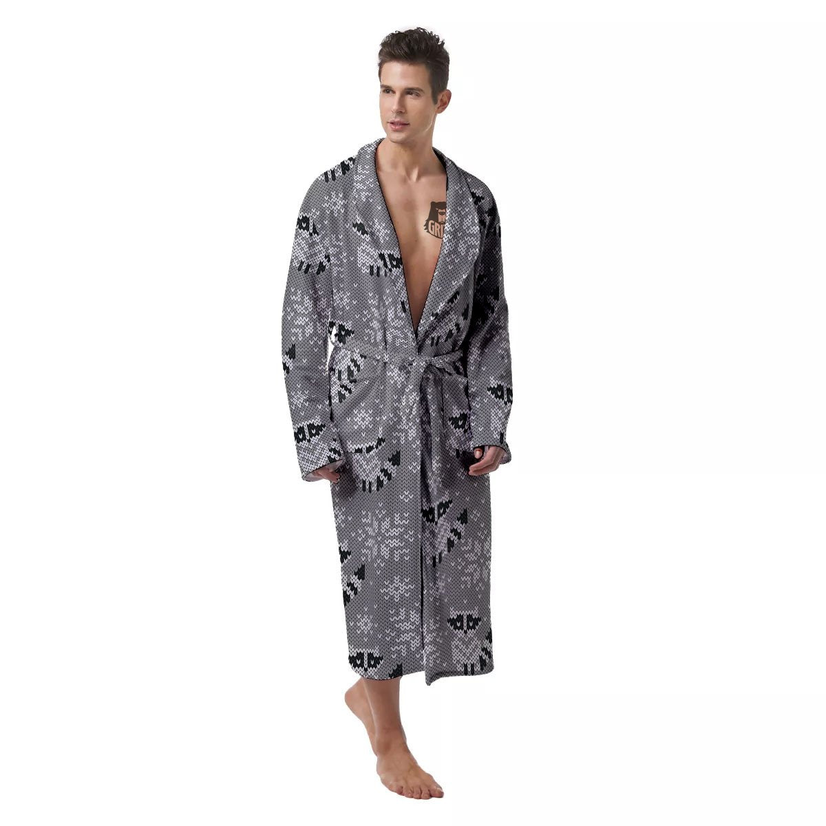 Raccoon Knitted Print Pattern Men's Robe-grizzshop