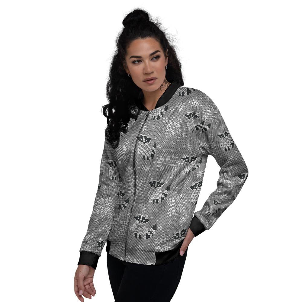 Raccoon Knitted Print Pattern Women's Bomber Jacket-grizzshop
