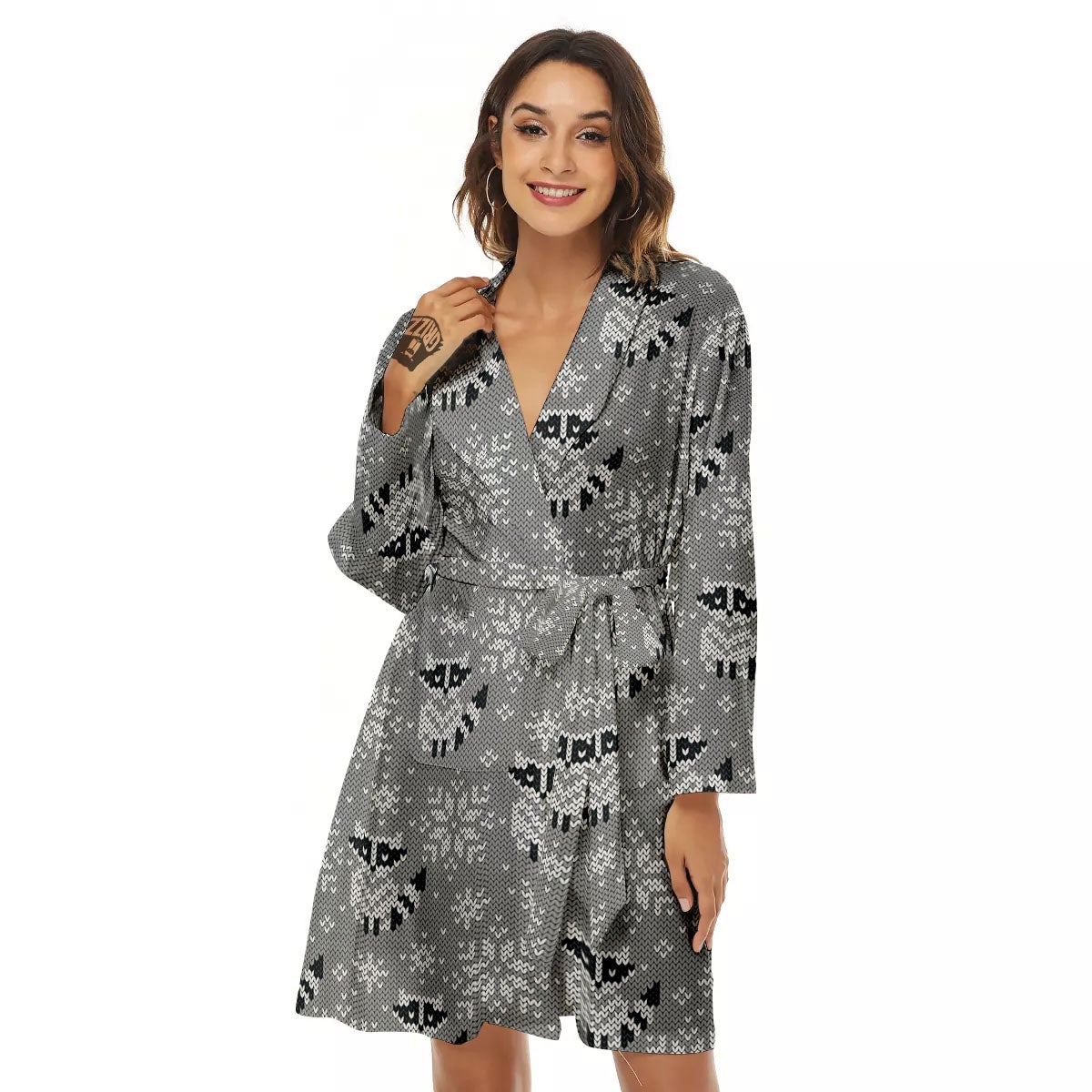 Raccoon Knitted Print Pattern Women's Robe-grizzshop