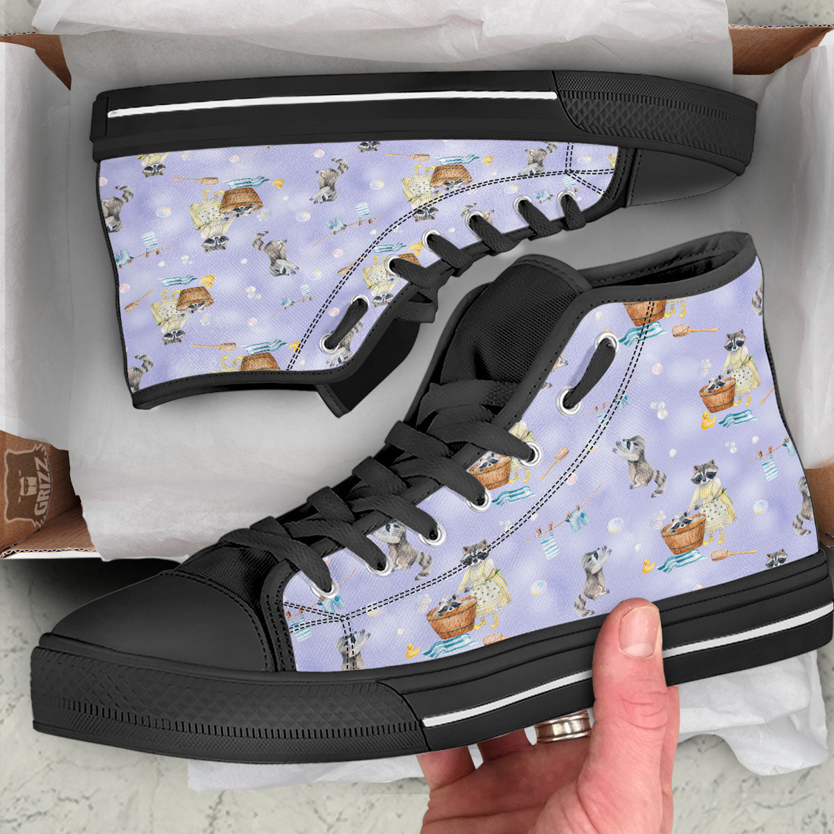 Raccoon Watercolor Print Pattern Black High Top Shoes-grizzshop