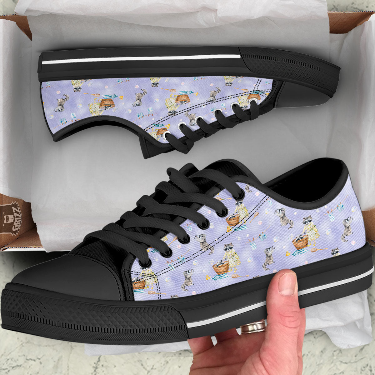 Raccoon Watercolor Print Pattern Black Low Top Shoes-grizzshop