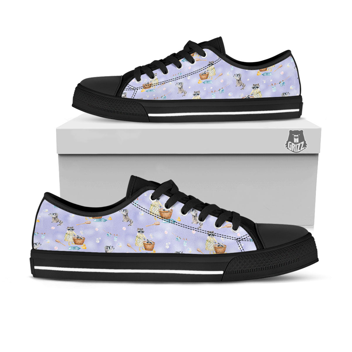 Raccoon Watercolor Print Pattern Black Low Top Shoes-grizzshop