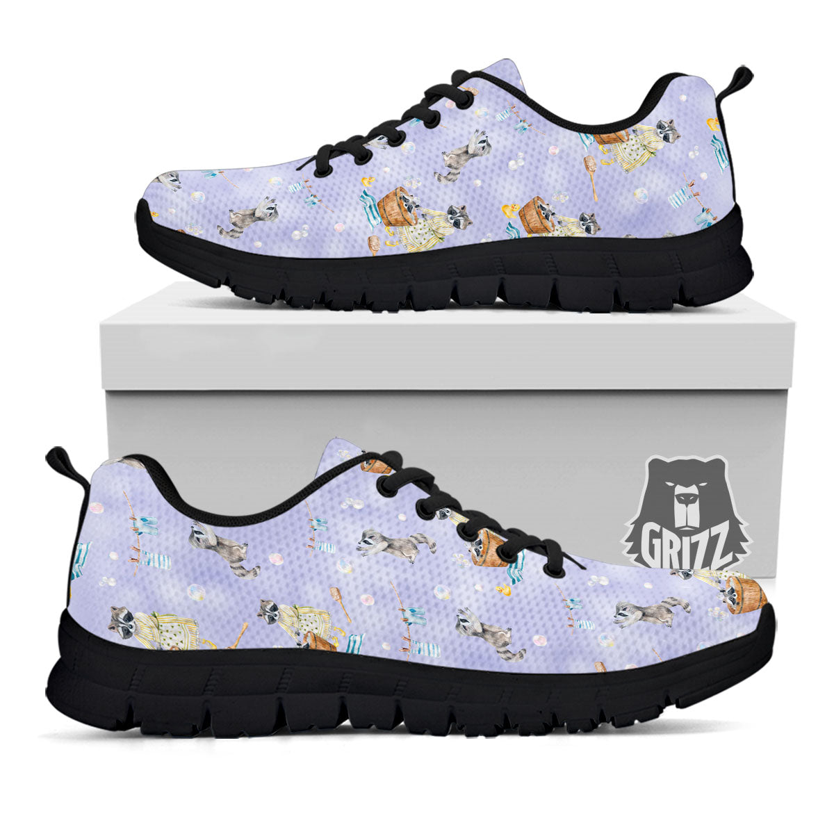 Raccoon Watercolor Print Pattern Black Sneaker-grizzshop
