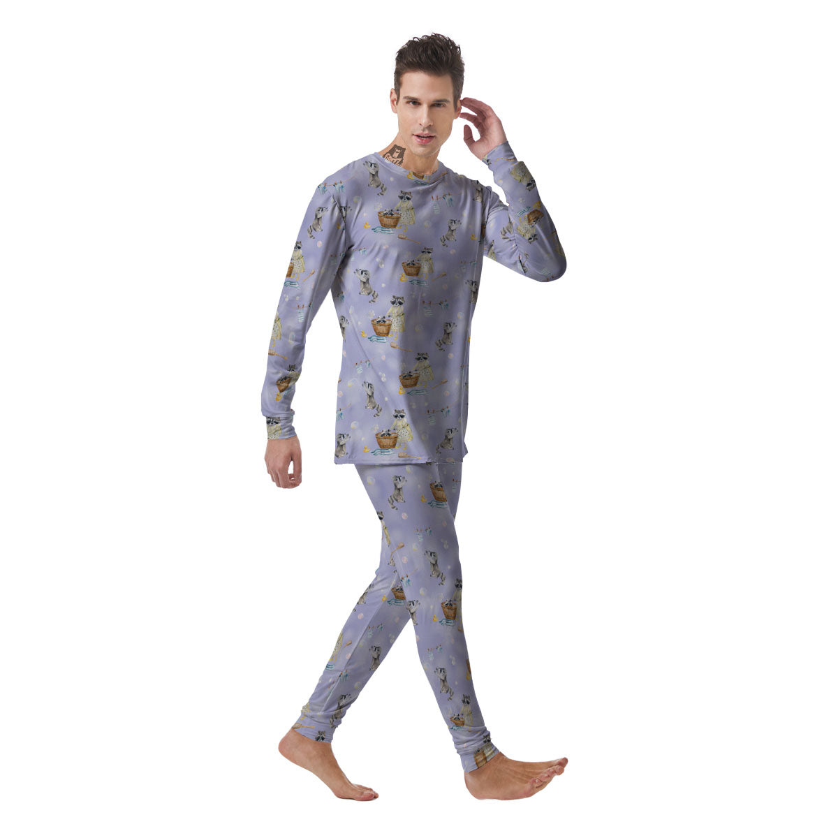Raccoon Watercolor Print Pattern Men's Pajamas-grizzshop