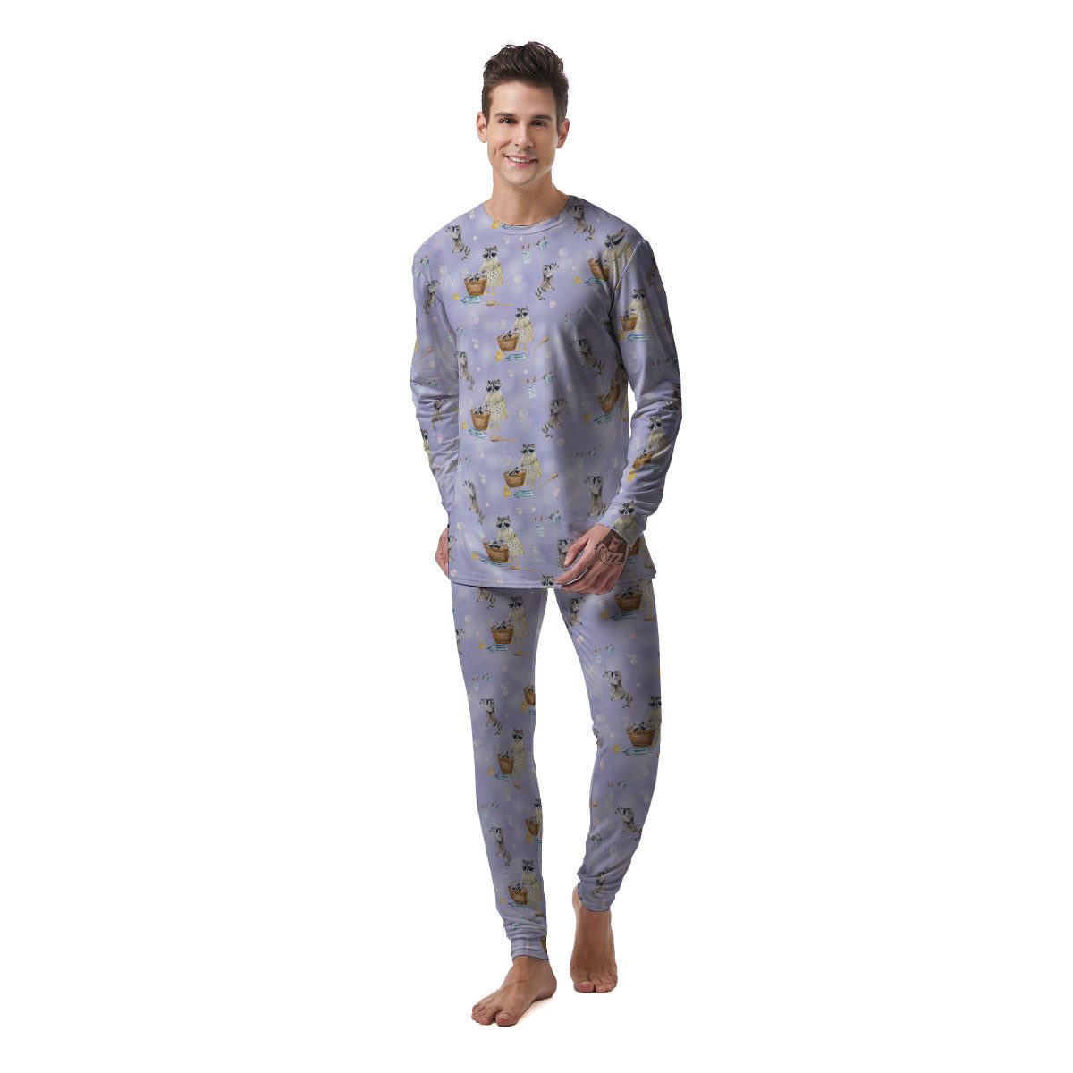 Raccoon Watercolor Print Pattern Men's Pajamas-grizzshop
