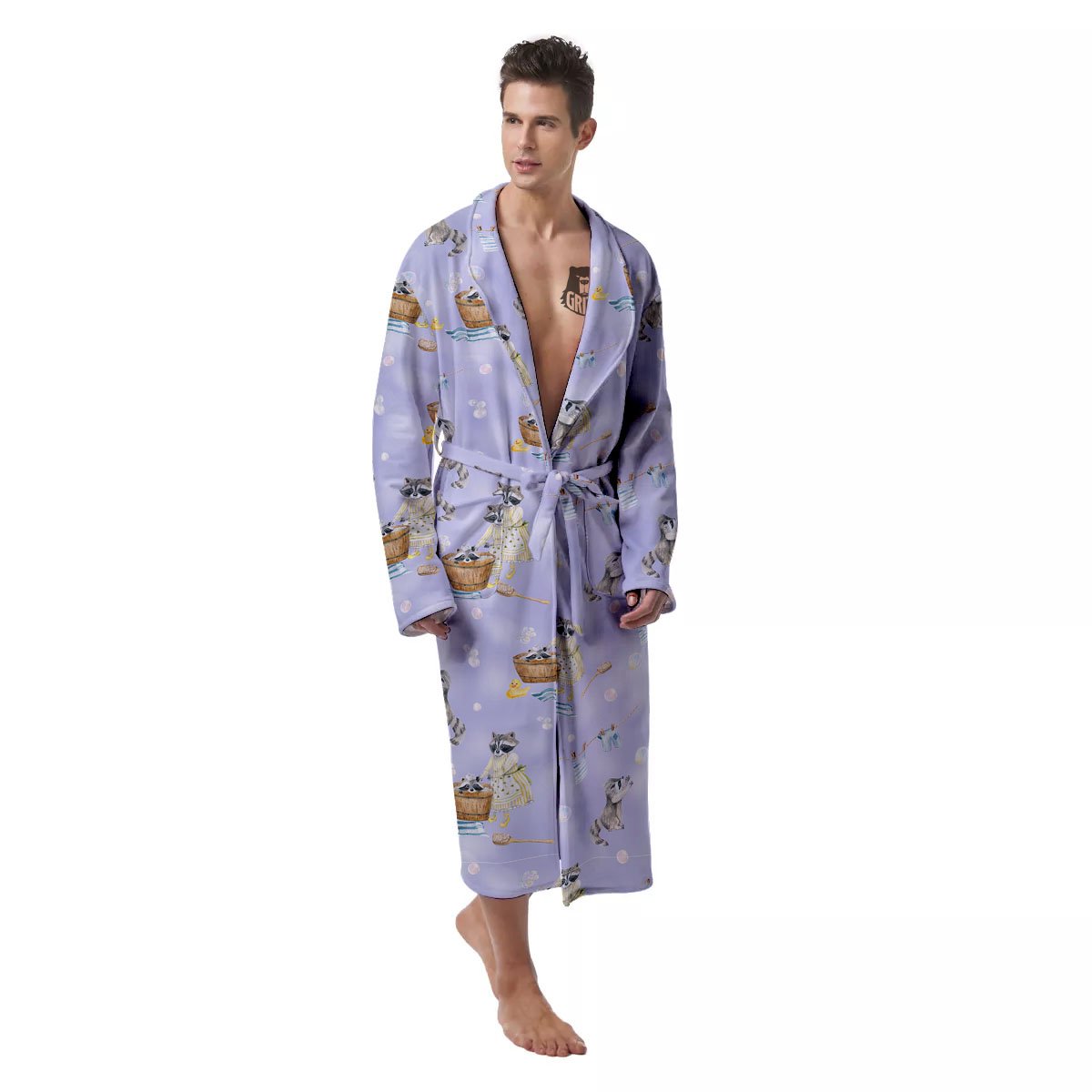 Raccoon Watercolor Print Pattern Men's Robe-grizzshop