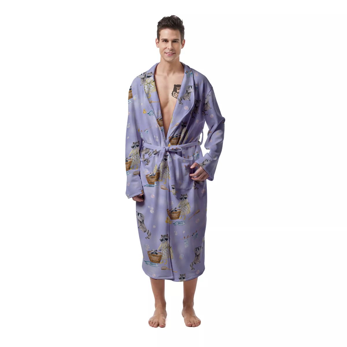 Raccoon Watercolor Print Pattern Men's Robe-grizzshop