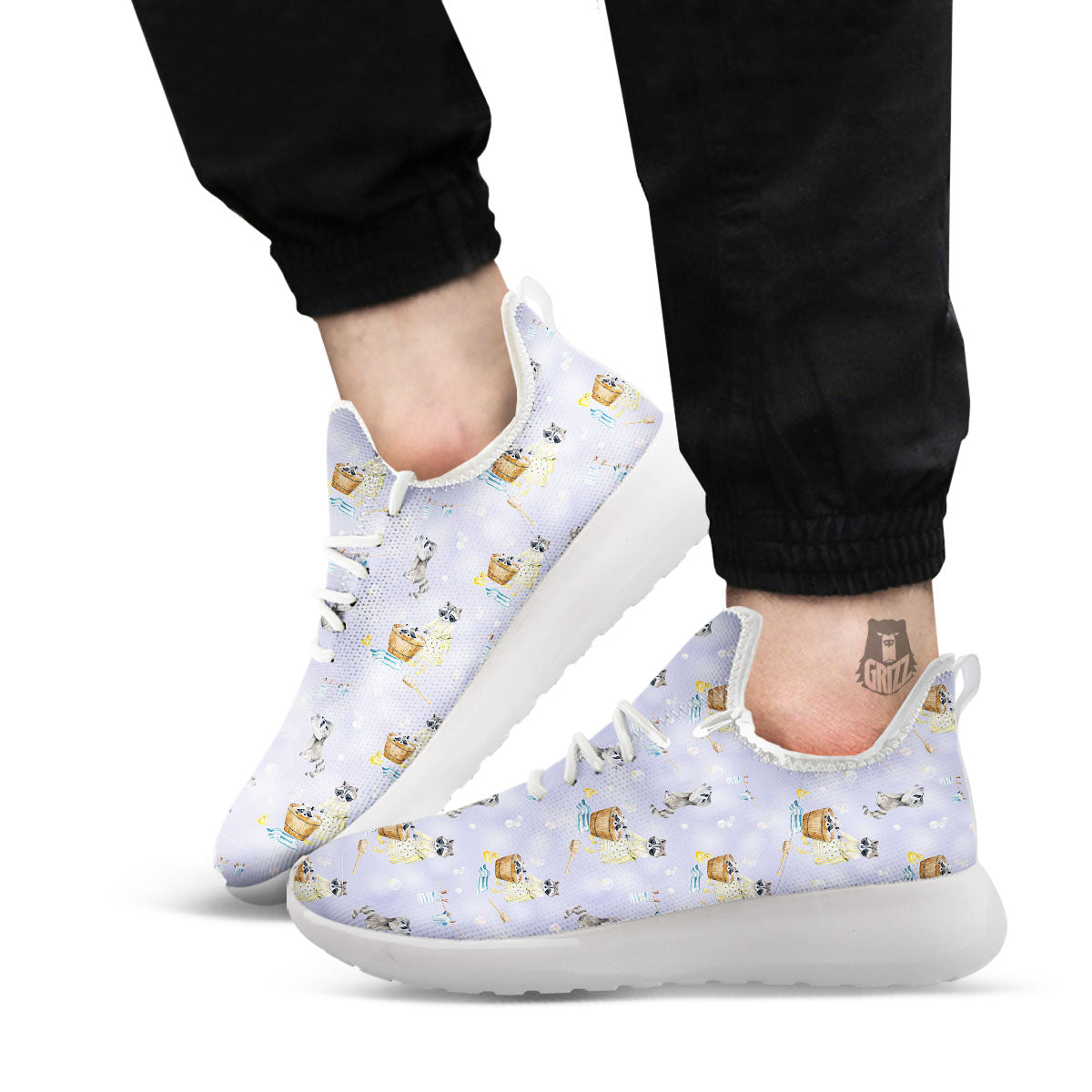 Raccoon Watercolor Print Pattern White Athletic Shoes-grizzshop