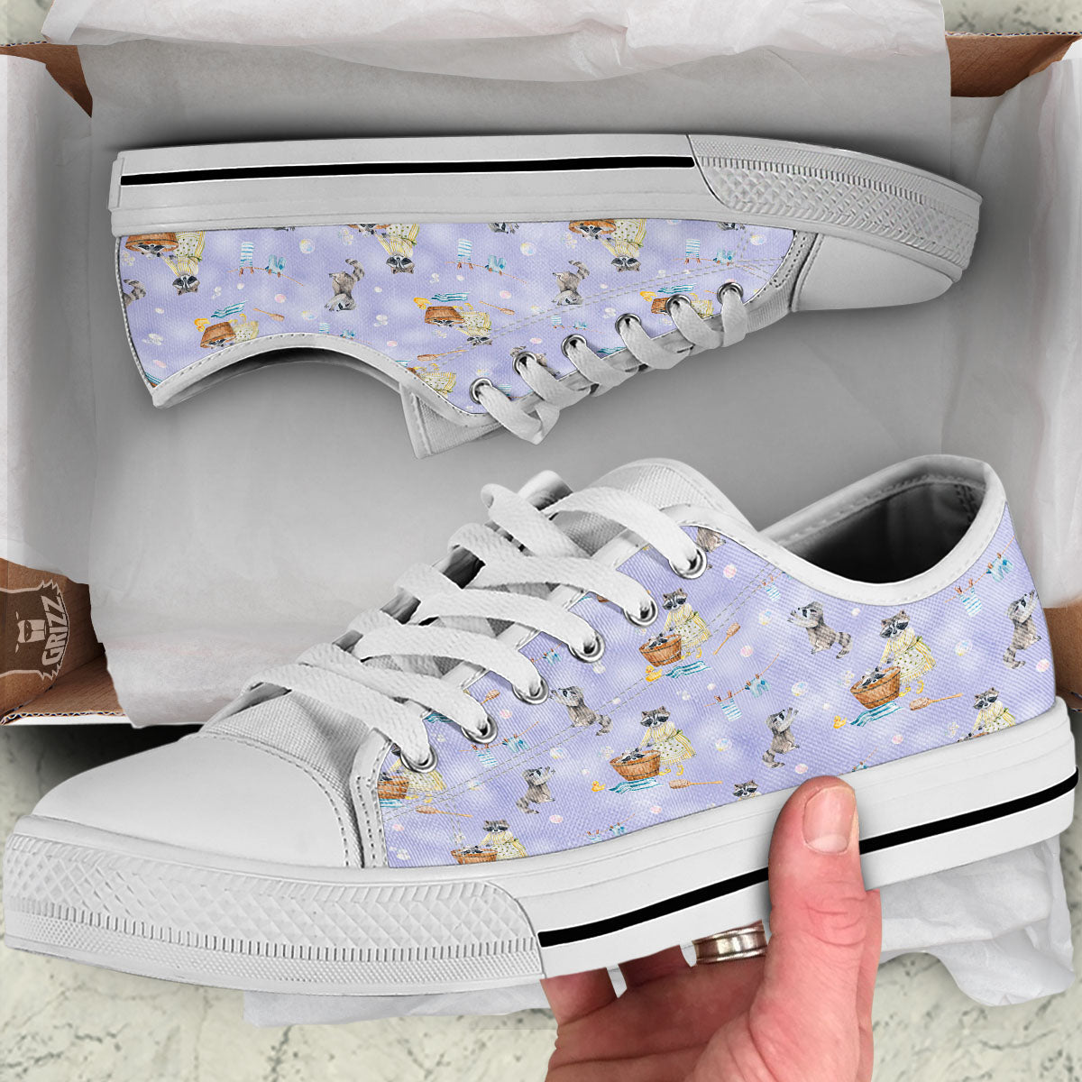 Raccoon Watercolor Print Pattern White Low Top Shoes-grizzshop