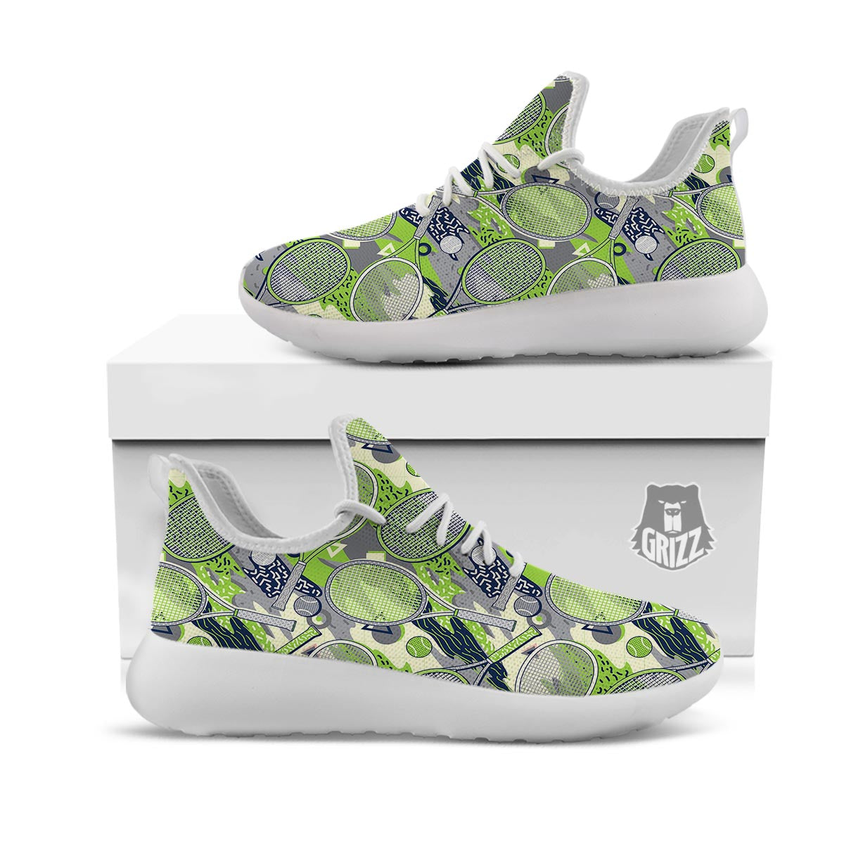 Racket And Tennis Ball Print Pattern White Athletic Shoes-grizzshop