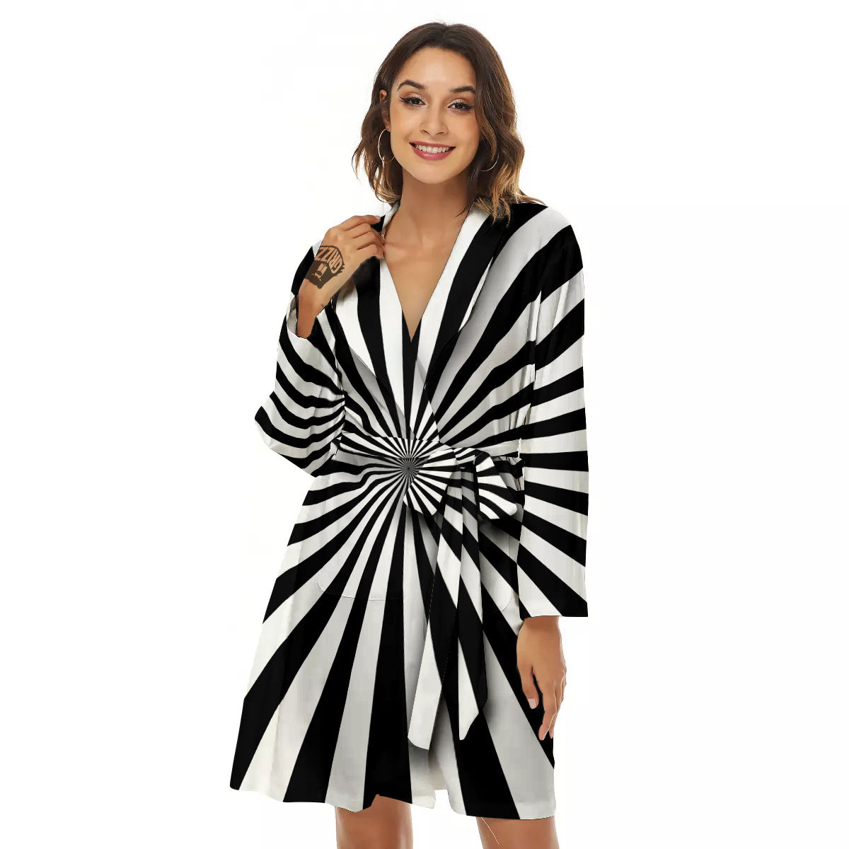 Radial Rays White And Black Print Women's Robe-grizzshop