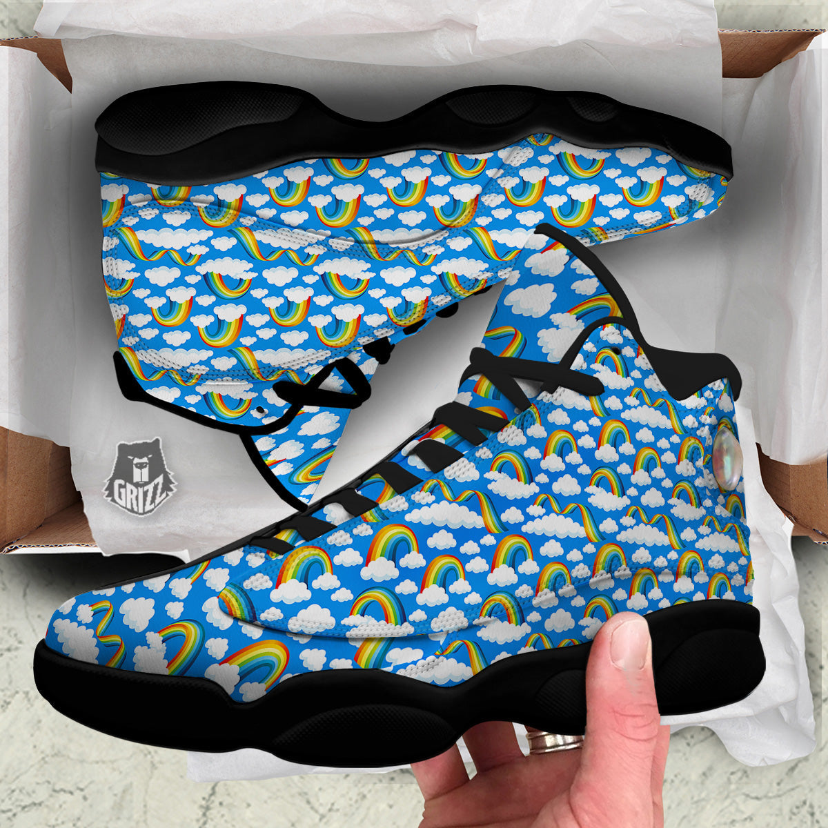 Rainbow And Clouds Blue Print Pattern Black Basketball Shoes-grizzshop