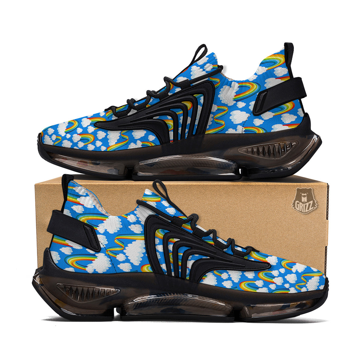 Rainbow And Clouds Blue Print Pattern Black Gym Shoes-grizzshop