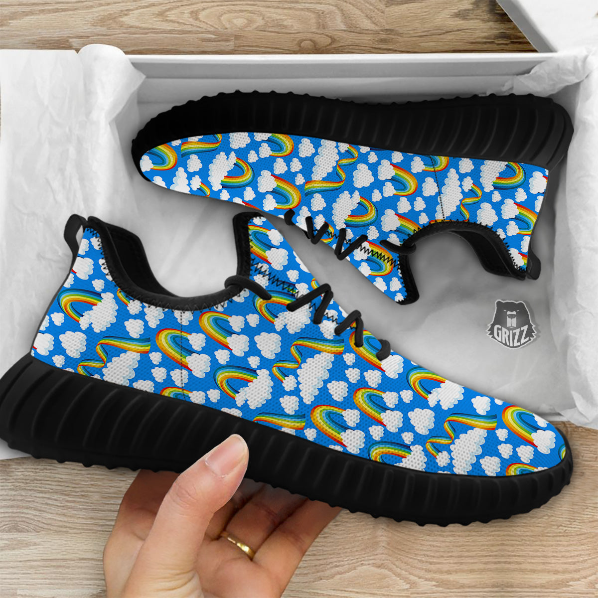 Rainbow And Clouds Blue Print Pattern Black Walking Shoes-grizzshop
