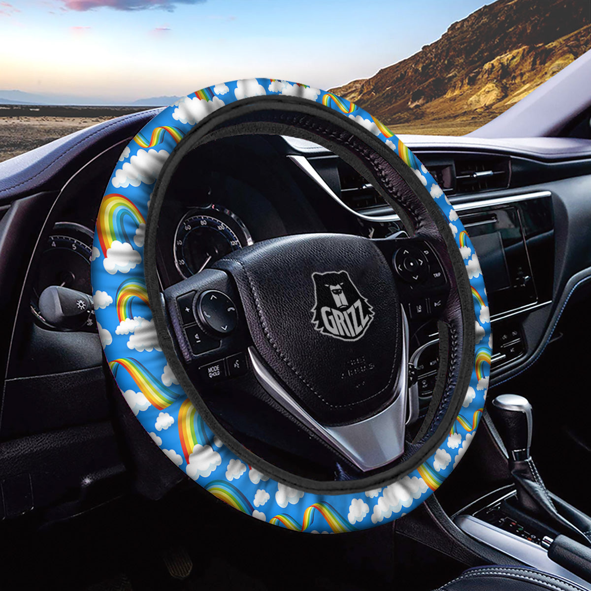Rainbow And Clouds Blue Print Pattern Car Steering Wheel Cover-grizzshop