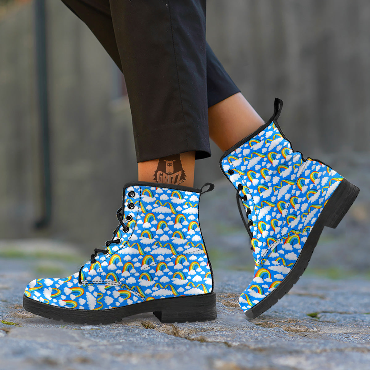 Rainbow And Clouds Blue Print Pattern Leather Boots-grizzshop