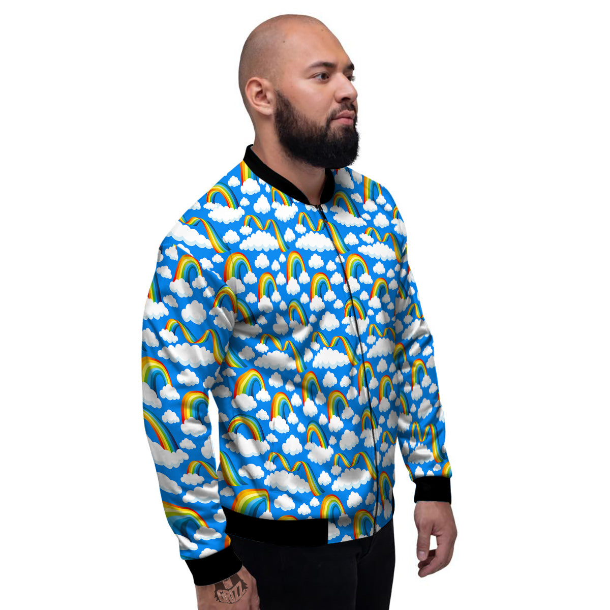 Rainbow And Clouds Blue Print Pattern Men's Bomber Jacket-grizzshop
