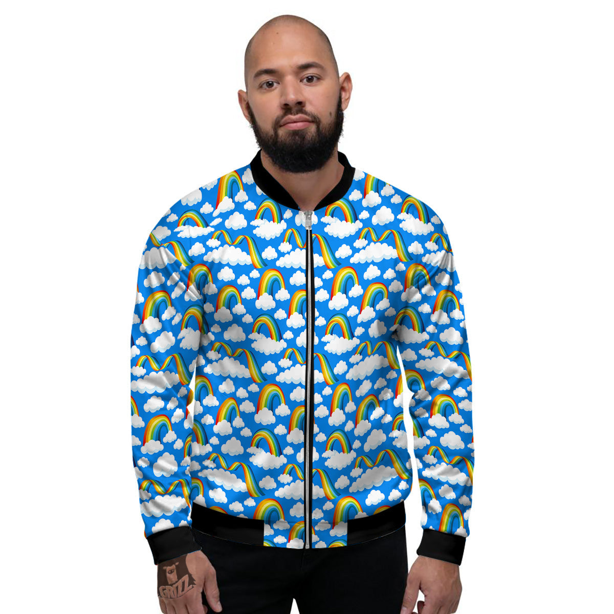 Rainbow And Clouds Blue Print Pattern Men's Bomber Jacket-grizzshop