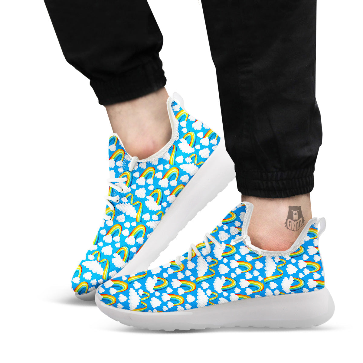 Rainbow And Clouds Blue Print Pattern White Athletic Shoes-grizzshop