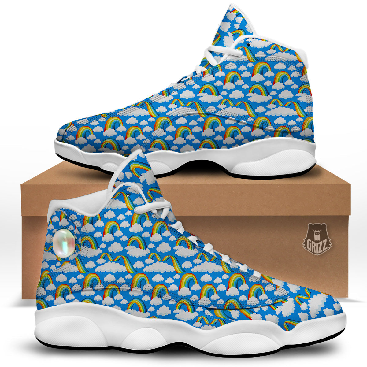 Rainbow And Clouds Blue Print Pattern White Basketball Shoes-grizzshop