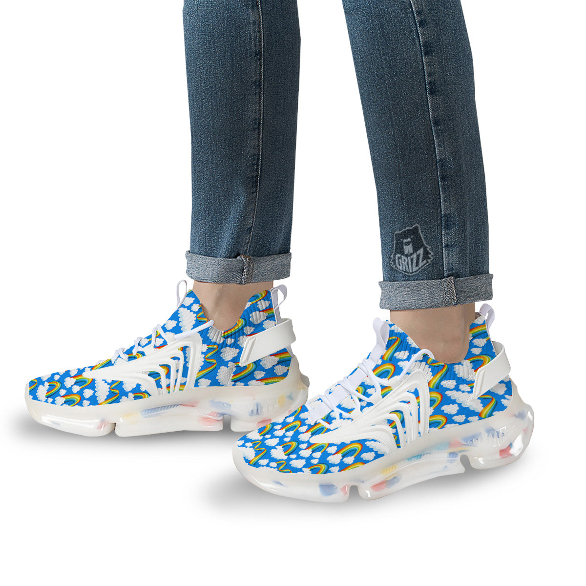Rainbow And Clouds Blue Print Pattern White Gym Shoes-grizzshop