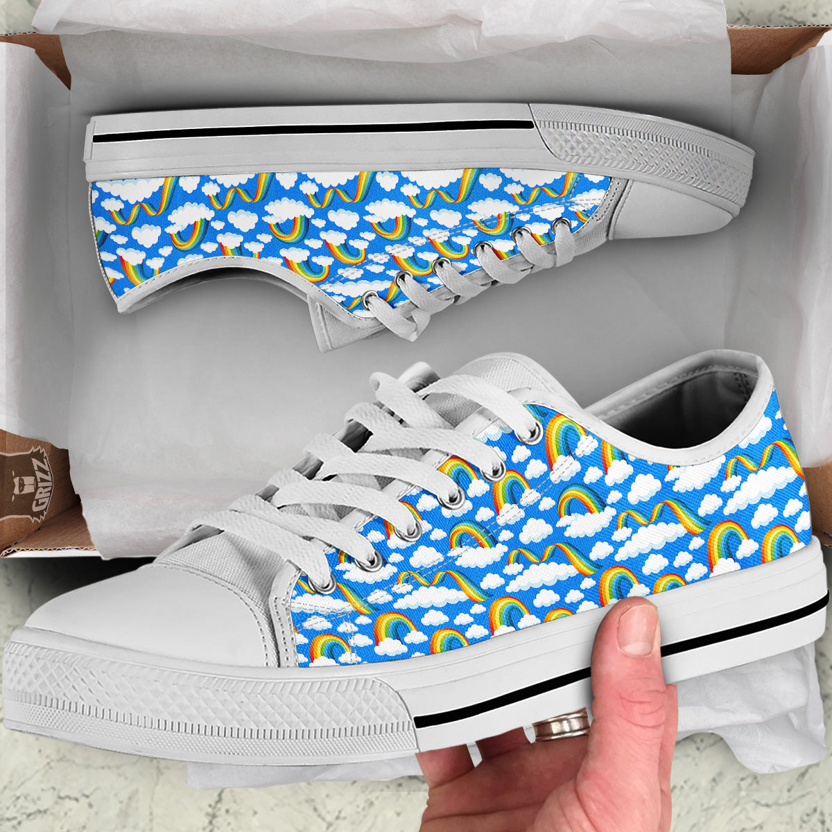 Rainbow And Clouds Blue Print Pattern White Low Top Shoes-grizzshop