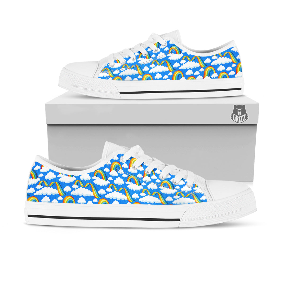 Rainbow And Clouds Blue Print Pattern White Low Top Shoes-grizzshop